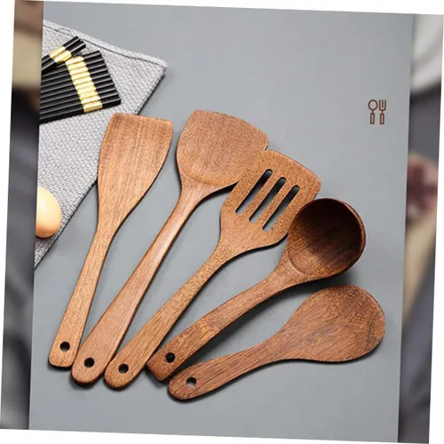 Vista 5 de 3 Uds Práctica Cuchara de Madera Cocinar Esquina Raspador Mango Largo Cuchara de Sopa Cuchara de Servir Comida Cuchara de Cocina Mango Largo Pala