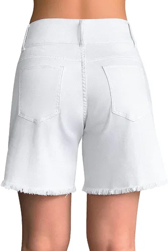 Vista 3 de roswear Pantalones cortos de mezclilla de cintura alta para mujer, estilo casual, dobladillo deshilachado, pantalones cortos largos, holgados