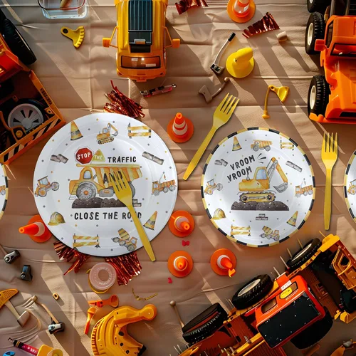 Vista 7 de Juego de decoraciones de fiesta de cumpleaños de construcción, platos, servilletas y tenedores para 20 invitados, vajilla desechable con temática