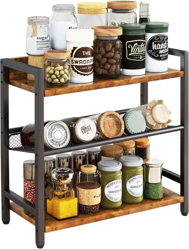 Vista 10 de IBUYKE Estante de especias industrial de 2 niveles, organizador de almacenamiento de escritorio, estante de condimentos de pie para encimera, Negro