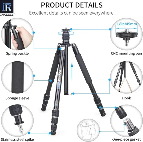 Vista 4 de INNOREL RT45A - Trípode para cámara profesional 6061, aleación de aluminio, compacto, portátil, trípode fotográfico, monopie para cámara réflex