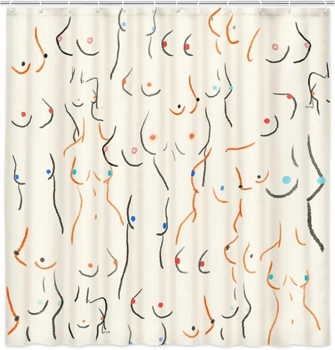 Vista 2 de JAWO Divertida cortina de ducha para baño, diseño de pechos divertidos, cuerpo femenino, divertido juego de cortinas de ducha de tela artística