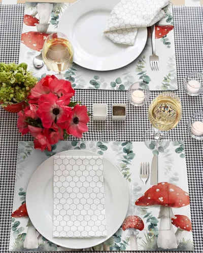 Vista 3 de Mushroom Eucalyptus Table Placemats for Dining Table Set of 6,Cotton Linen Cloth Kitchen Place Mats with Pocket,Washable Burlap
