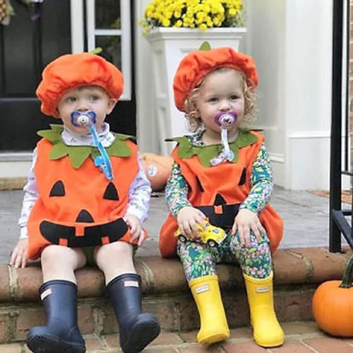 Vista 2 de Disfraz de calabaza de Halloween para bebé, niño, niña, sin mangas, con sombrero