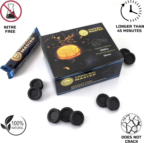 Vista 2 de Juego de 100 briquetas de carbón rápido ligero por Charcoal Master - Discos instantáneos de carbón, incienso y carbón, 100 unidades por caja