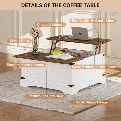 Vista 8 de BROTTAR - Mesa de centro con superficie elevable y almacenamiento, mesa cuadrada para sala de estar con puertos de carga, mesa de comedor