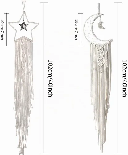 Vista 2 de Tarklanda Decoración de atrapasueños de luna y estrella, 2 piezas boho para el hogar, luna y estrella, macramé para colgar en la pared, decoración