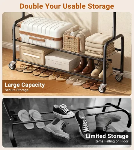 Vista 2 de AOODA Perchero resistente con estantes, estantes de ropa de metal de 46.5 pulgadas para colgar ropa, perchero con ruedas con cerradura para abrigos
