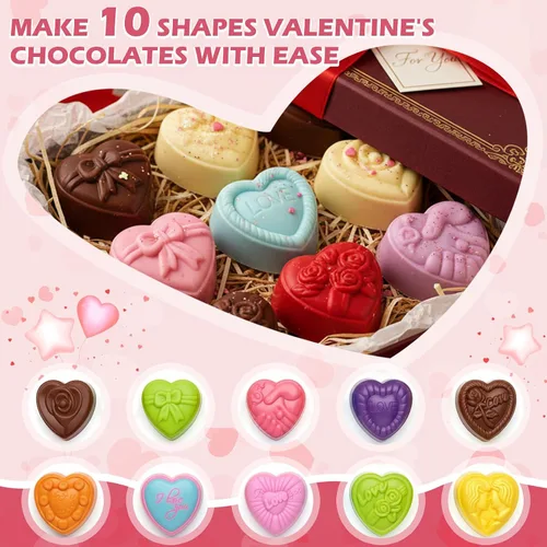 Vista 2 de HKNMTT Moldes de corazón de silicona para el día de San Valentín, 10 formas de conversación de amor, regalos de trufa, tamaño de bocado, molde