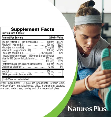 Vista 5 de NaturesPlus Mega B-100 Complex - 60 tabletas de liberación sostenida - Complejo B equilibrado - Soporte energético - Vegetariano, sin gluten - 60