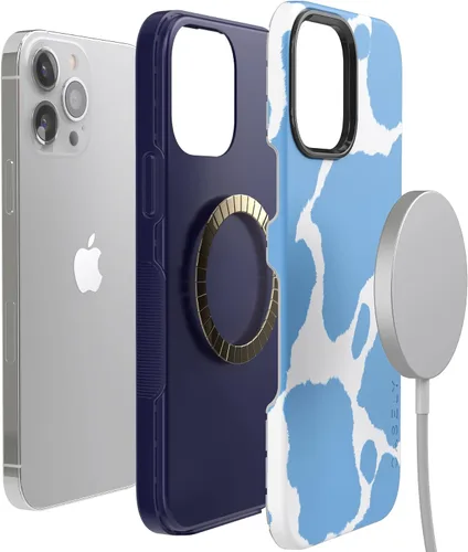 Vista 6 de Casely Funda para iPhone 13 Pro Estado de Ánimo Actual Estampado de Vaca Azul Claro Compatible con MagSafe Diseño de Protección Audaz