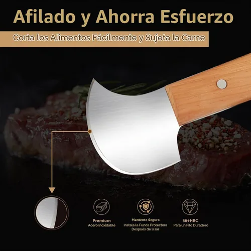 Vista 3 de Cuchillo basculante, cuchillo de carne para cortar carne, juego de hoja curvada y tenedor de acero inoxidable, asas de madera para amantes