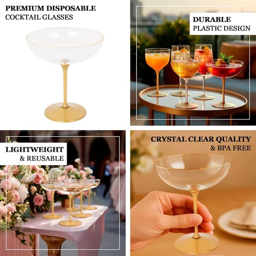 Vista 3 de Efavormart Paquete de 24 Vasos de Cóctel Desechables Premium – Copas de Champán Coupe de Plástico Transparente de 9oz con Tallo y Base Desmontables