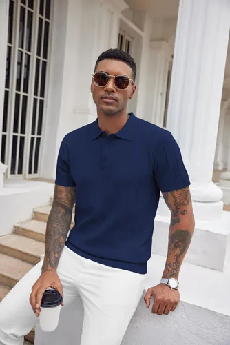 Vista 78 de COOFANDY Camisas polo de punto para hombre de manga corta con textura acanalada Camisas de golf casuales y ligeras con cuello Camiseta de polo