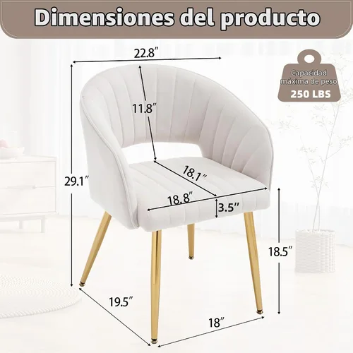 Vista 3 de ABET Juego de 2 sillas de comedor de terciopelo, rayas modernas con patas doradas, color beige