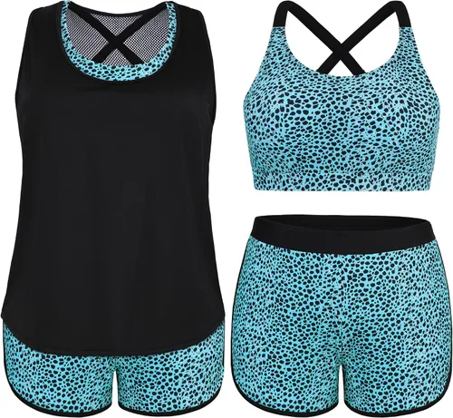 Vista 3 de NIeyook Traje de baño tankini de 3 piezas para mujer, talla grande, con pantalones cortos y brasier deportivo