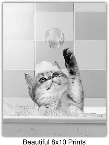 Vista 5 de Arte y decoración de pared de baño de gatos para niños, bonitas imágenes de baño de gatos para mujeres, decoración de baño pequeña, juego de baño