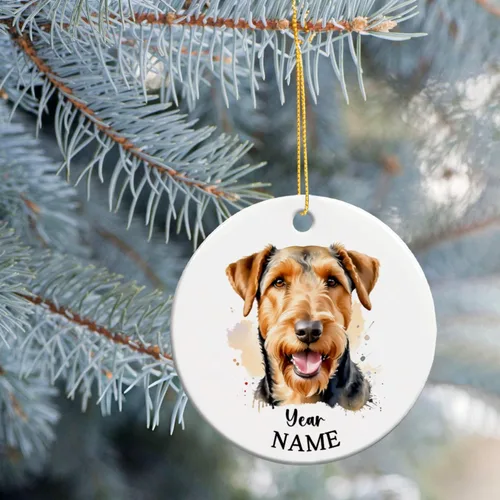 Vista 3 de Adorno de Navidad personalizado para perro Airedale, adorno de cerámica para hombres y mujeres, adornos de cerámica personalizados para perros