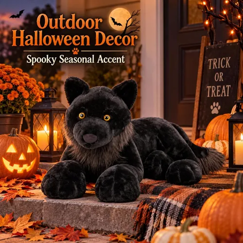 Vista 6 de MaoGoLan Peluche de lobo negro, lobo gigante de peluche para niños, 47 Almohada grande y realista de lobo coyote, extra suave, decoración