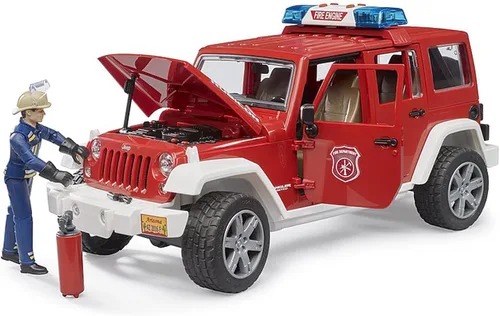 Vista 4 de Bruder Jeep Rubicon - Vehículo de rescate de bomberos con sonidos electrónicos de sirena de emergencia y figura de bombero Jeep Wrangler Unlimited