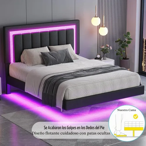 Vista 4 de HOMBCK Base de cama flotante individual con luces LED inteligentes, cama de plataforma tapizada de piel sintética con cabecera de diamante, no Negro