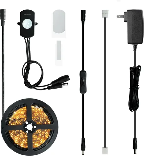 Vista 9 de Kit de iluminación LED con sensor de movimiento regulable Sensky para debajo del gabinete, tira de luz LED con sensor de movimiento, adaptador