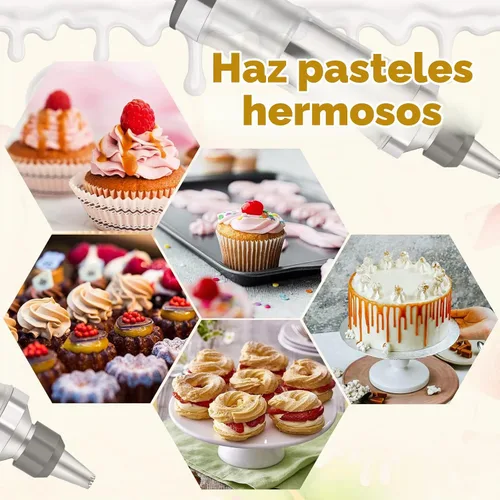 Vista 3 de Juego de jeringas para decoración de postres, kit de tuberías de glaseado, herramienta de decoración de pasteles de acero inoxidable, 6 boquillas