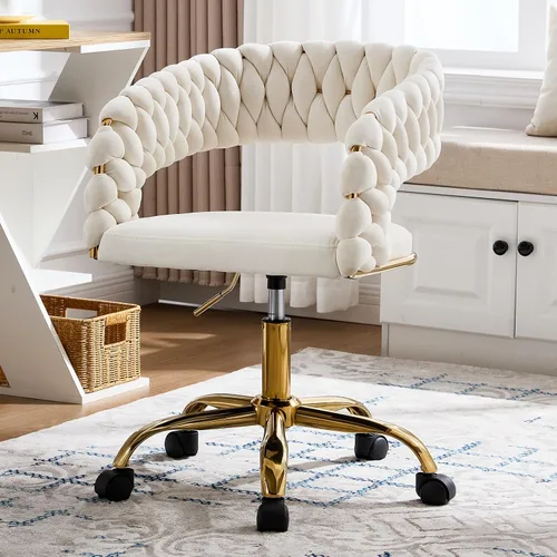 Vista 10 de NIOIIKIT Silla tejida para oficina en casa, silla giratoria de terciopelo Negro