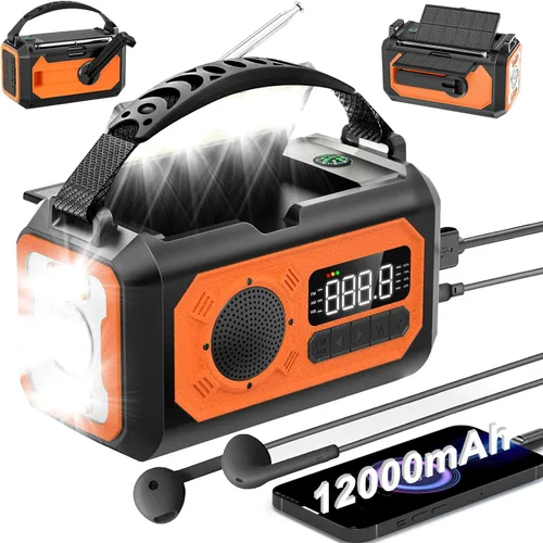 Vista 8 de Radio de emergencia de 12000 mAh, radio portátil de alerta meteorológica AM/FM/NOAA, manivela con linterna, lámpara de lectura, alarma SOS, cargador