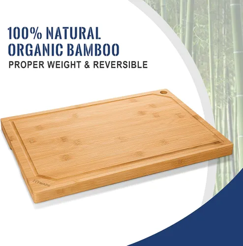 Vista 4 de Hiware Juego de 4 tablas de cortar de bambú extra grandes para cocina, tabla de cortar resistente con ranura para jugos, juego de tablas de cortar