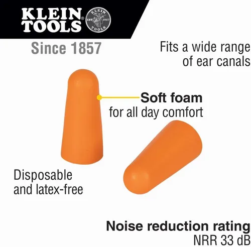 Vista 2 de Klein Tools 6054050 Tapones de espuma para los oídos, 33dB NRR, naranja, con caja dispensadora, para construcción, ruido fuerte y trabajo, 50 pares
