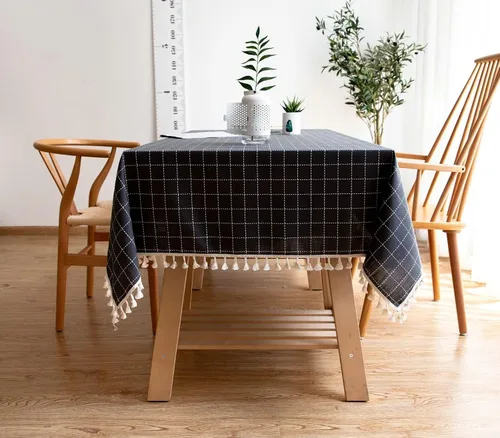 Vista 5 de Black Dining Table Cover, 35 x 35 inch, Square, Cotton Linen Embroidery Small Plaid Party Table Cloths