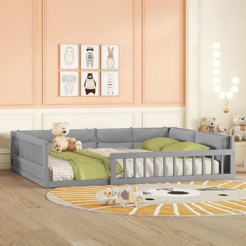 Vista 11 de Cama de plataforma de tamaño matrimonial con valla, plataforma tapizada de madera con barandilla y almohada, color beige
