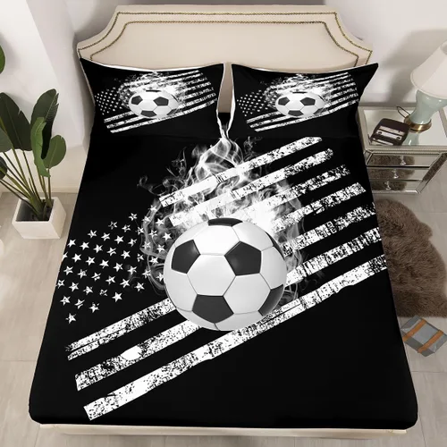 Vista 4 de Juego de sábanas de fútbol tamaño individual para niños y niñas, juego de sábanas de bandera estadounidense, juego de ropa de cama con bandera