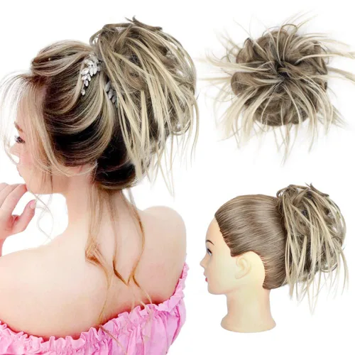 Vista 10 de HMD - Extensiones de cabello tipo chongo alborotado con rodelo despeinado, banda elástica de goma, extensiones de cabello sintético para mujer