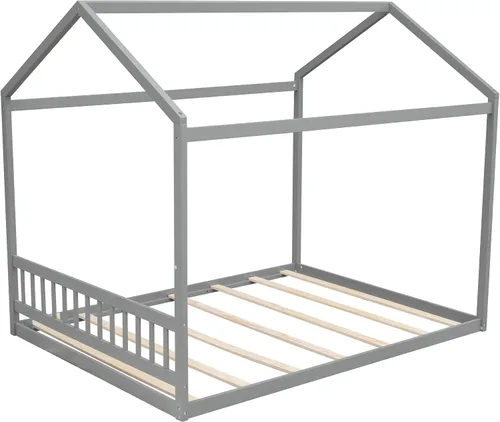 Vista 8 de Harper & Bright Designs Marco de cama de casa tamaño Queen, marco de cama Montessori de madera con cabecero, cama de piso para niños para niñas Gris