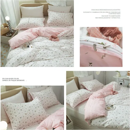 Vista 6 de Juego de funda de edredón con diseño floral, tamaño individual, color rosa y blanco, estampado de flores, estilo jardín, de algodón, estético