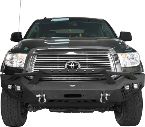 Vista 2 de Tundra parachoques delantero de ancho completo con aro y anillos en D y 4 focos LED de 18 W y placa deslizante para camionetas Toyota Tundra