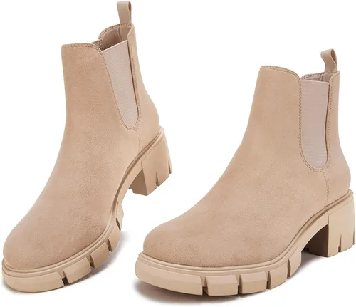 Vista 2 de Botas de estilo botas de combate de cuero y con plataforma y tacón grueso, tipo Chelsea, para mujer, hasta el tobillo