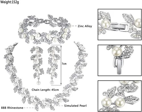 Vista 4 de mecresh Juego de joyas florales de perlas simuladas, collar de boda de cristal, aretes, pulseras, regalo de compromiso