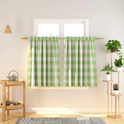 Vista 78 de Cenefas de cortina para ventana de 16 pulgadas de largo, 2 paneles de cuadros búfalo, cortinas pequeñas con bolsillo para barra, estilo clásico