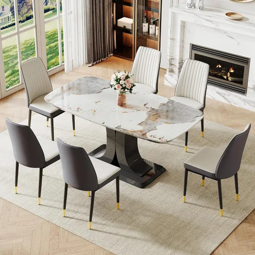 Vista 8 de Juego de mesa de comedor moderno para 6, juego de mesa de cocina y sillas de mármol para 6, mesa de cocina rectangular con 6 sillas tapizadas