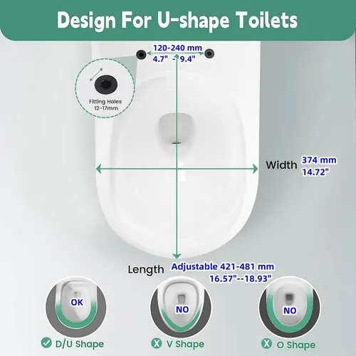 Vista 7 de Asiento de inodoro en forma de D/U, cierre suave y liberación rápida para facilitar la limpieza, diseño de bisagra estable para evitar que se mueva.