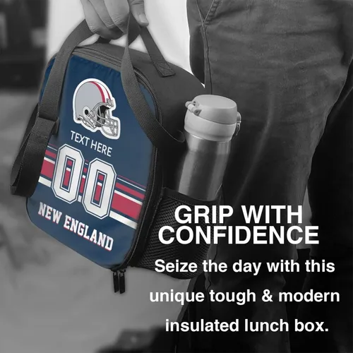 Vista 6 de Bolsa de almuerzo personalizada de Nueva Inglaterra, regalos para hombres, mujeres, fanáticos, con nombre y número personalizados, correas de hombro