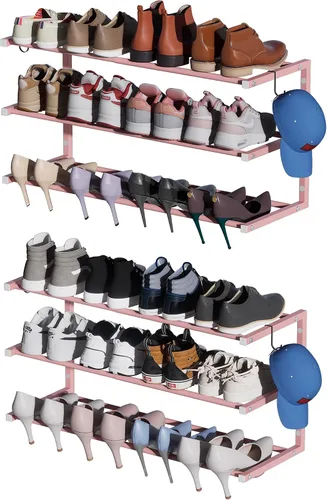 Vista 13 de Zapatero para montar en la pared, zapatero colgante de 3 niveles con capacidad para 12 pares, organizador de zapatos de metal resistente ajustable