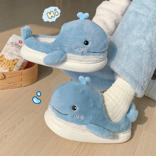Vista 2 de XIXITIAO Lindas pantuflas de animales, pantuflas de ballena Kawaii de dibujos animados, zapatos de casa de felpa para mujeres y hombres, pantuflas