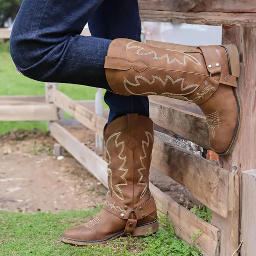 Vista 7 de SheSole Botas vaqueras con punta cuadrada para mujer, estilo vaquero, pantorrilla ancha, zapatos occidentales a la moda