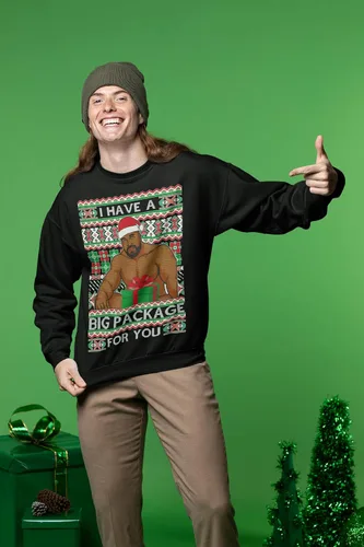 Vista 6 de I have a Big Package Meme Barry Wood - Suéter de Navidad feo unisex con cuello redondo