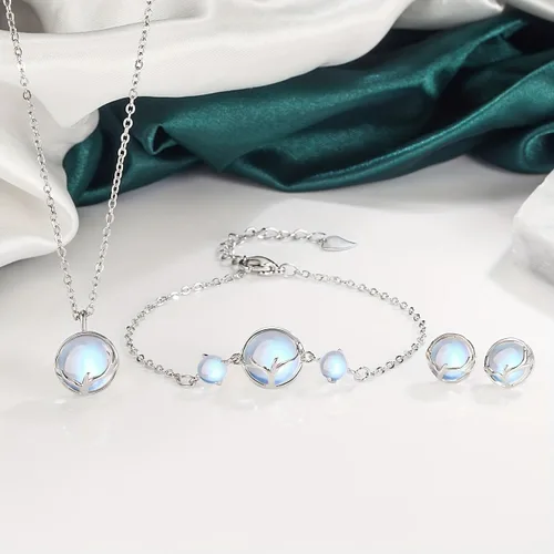 Vista 3 de Juego de joyas de piedra lunar (collar+pulsera+pendientes) regalo espiritual para mujeres, joyería de fiesta nupcial, elegante juego de regalo