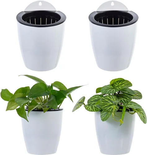 Vista 8 de MyGift Macetas de pared de 7.5 pulgadas para plantas de interior, macetas de plástico blanco para colgar, macetas de riego automático, macetas